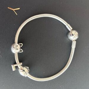 PANDORA CHARM BRACELET NWOT. Dog, Cat, L and Birthday charms.